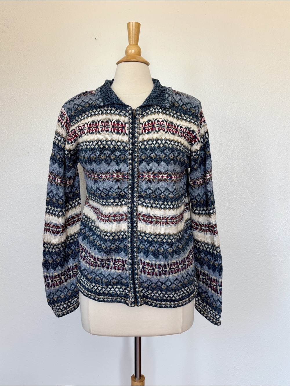 Y2K 2001 Collared Blue Fair Isle Zip-Front Sweater Jacket